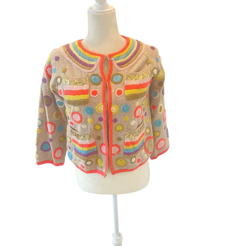 MANOUSH Wool Cardigan crop sleeve multicolor whimsical beige embroidered jacket